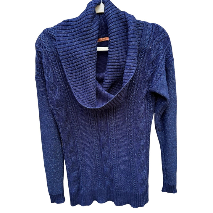 Belldini Womens Small Navy Blue Metalic Long Sleeve Cowl Neck Knit Sweater