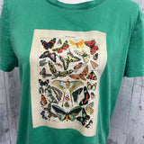 Hand Printed Upcycled XL Vintage Reference Book Butterfly Page Crew Neck Tee