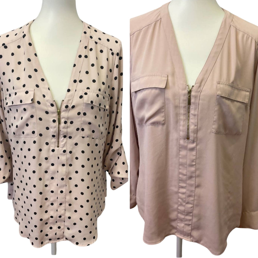 Lot of 2 Express Large Long Tabbed Sleeves Polyester 1/4 Zip V-Neck Blouses Tops
