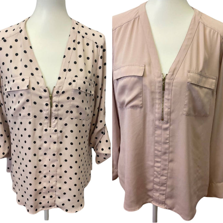 Lot of 2 Express Large Long Tabbed Sleeves Polyester 1/4 Zip V-Neck Blouses Tops
