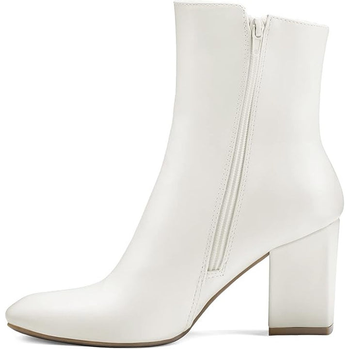 New Mysoft Womens Size 8 White Faux Leather 3" Block Heel Zip Ankle Boots w Flaw