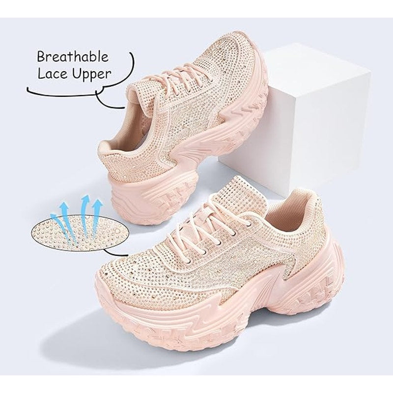 Lucky Step Womens Size 11 Pink Sparkle Chunky Platform Rhinestone Sneakers Shoes