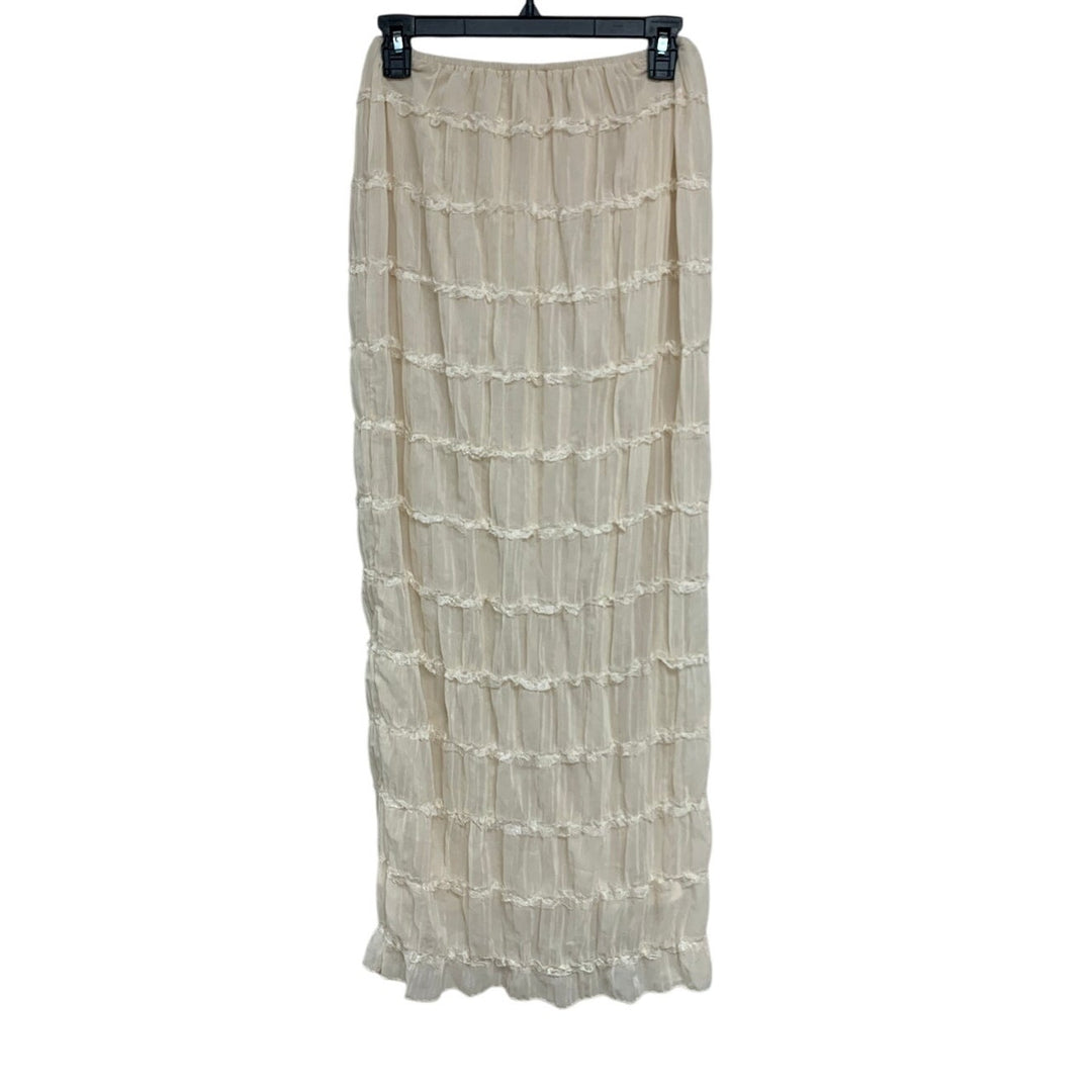Womens Small Cream PolySpandex Lace Faux Tiered Lined Straight Maxi Skirt