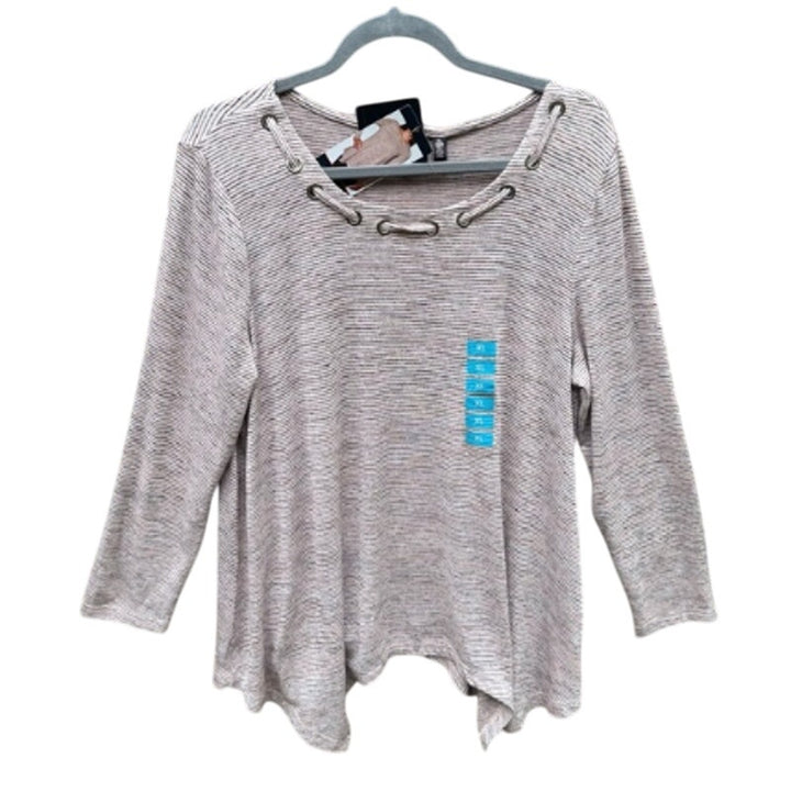 New Rafaella Womens XL Long Sleeve Sharkbite Hem Striped Lightweight Top Blouse
