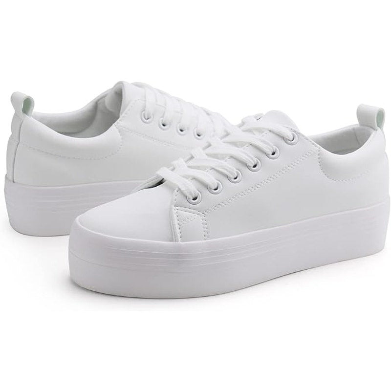 New Jabasic Womens Size 8 White Faux Leather Lace Up Platform Sneaker Shoes