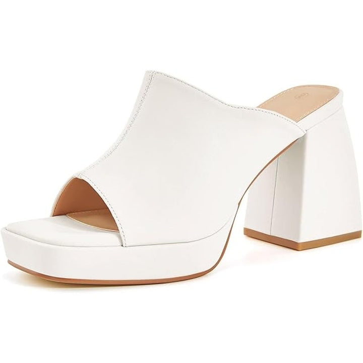 Coutgo Womens 6.5 White Faux Leather Open Toe 4" Block Heel Slide On Mule Shoes