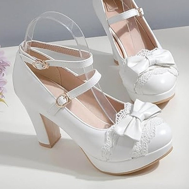 Foreada Womens 6.5 White Lace Bow 3.5" Platform Heel Mary Jane Closed Toe Shoes