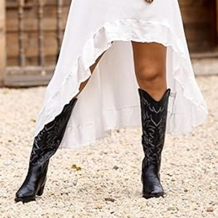 New IUV Womens 10 Black Faux Leather 2.25" Heel Knee High Cowboy Boots w Flaw