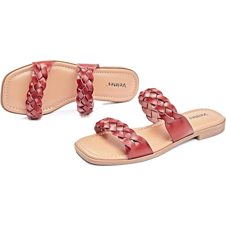 Veittes Womens Size 9.5 Brown Faux Leather Braided Strap Flat Slide Sandal Shoes