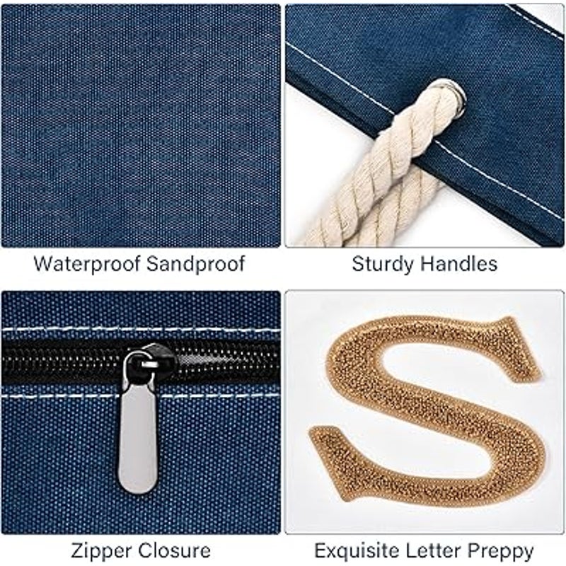 New Becokan S Initial Navy White Stripe Canvas Waterproof Zipper Beach Tote Bag