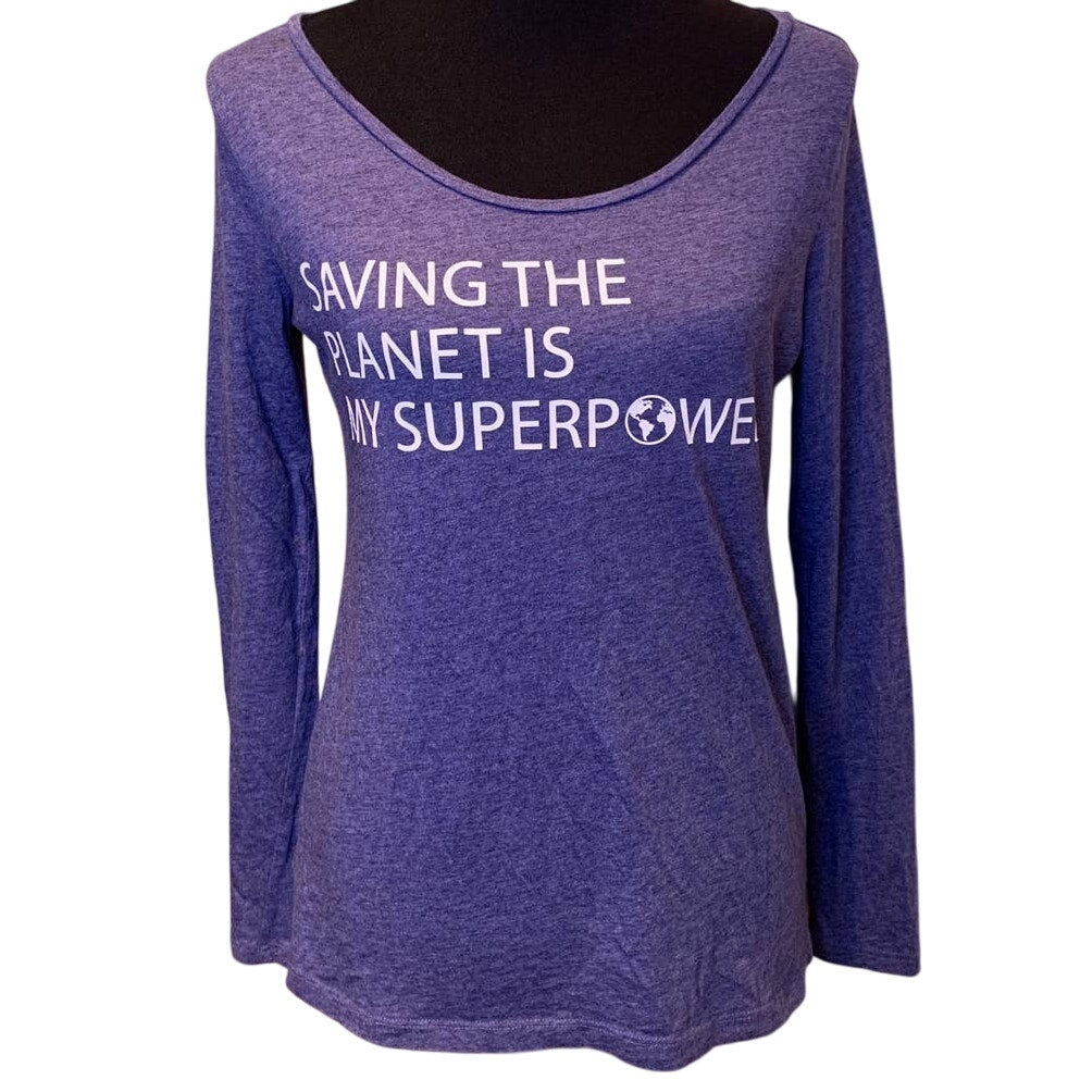 Hand Printed Upcycled Womens Medium Saving the Planet Superpower Long Sleeve Tee