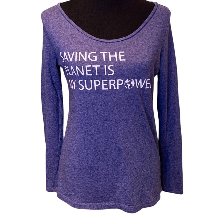 Hand Printed Upcycled Womens Medium Saving the Planet Superpower Long Sleeve Tee