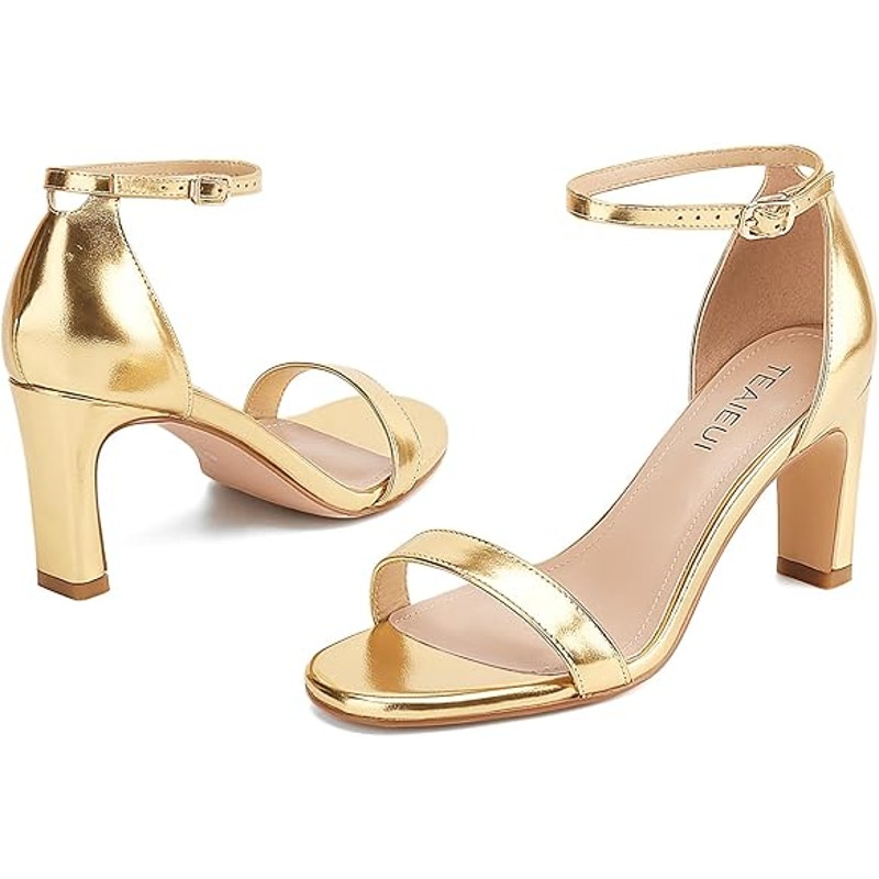Teaieui Womens Size 8 Shiny Gold 3" Heel Open Toe Ankle Strap Sandal Shoes