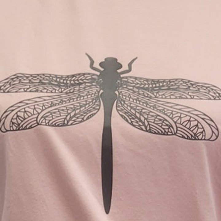 Hand Printed Upcycled Womens Medium Dragonfly Short Sleeve Crew Neck Tee
