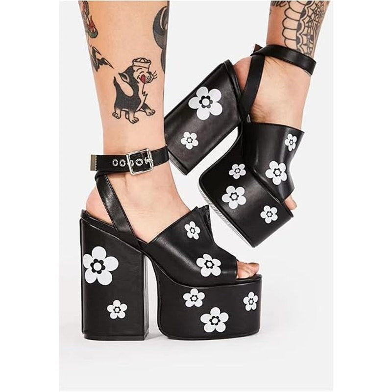 Detogni Womens Size 8 Black Flower Chunky 2.5" Platform 6" Heel Buckle Shoes