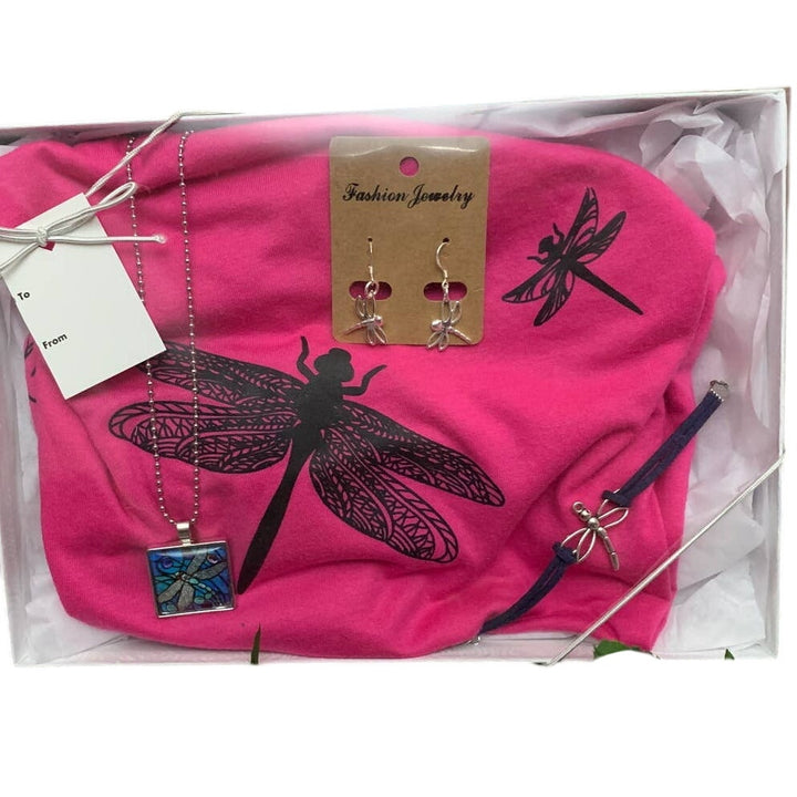 New Hand Printed Small Cotton Blend Tee Dragonfly Necklace Earrings Box Gift Set