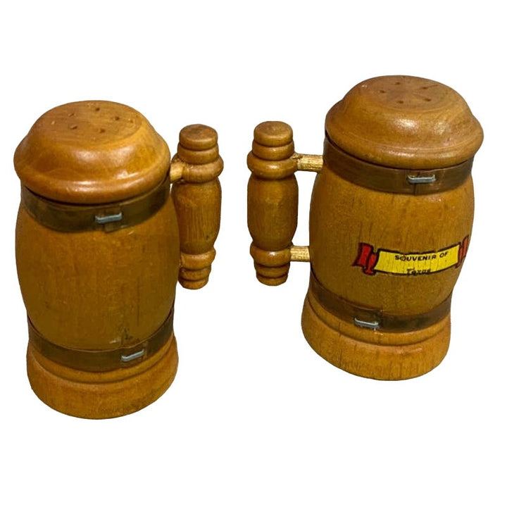 Vintage Wooden Souvenir of Texas Large Salt Pepper Shaker Set w Handles