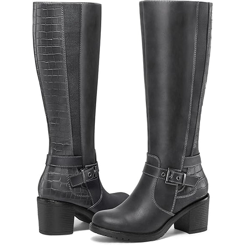 New Mysoft Womens Size 9.5 Gray Knee High 3" Chunky Block Heel Side Zip Boots