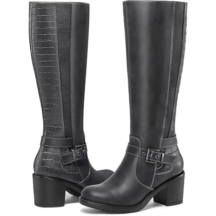 New Mysoft Womens Size 9.5 Gray Knee High 3" Chunky Block Heel Side Zip Boots