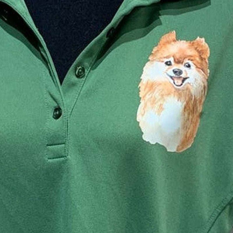 Hand Printed Upcycled Womens Medium Pomeranian Puppy Dog Polyester Polo Shirt