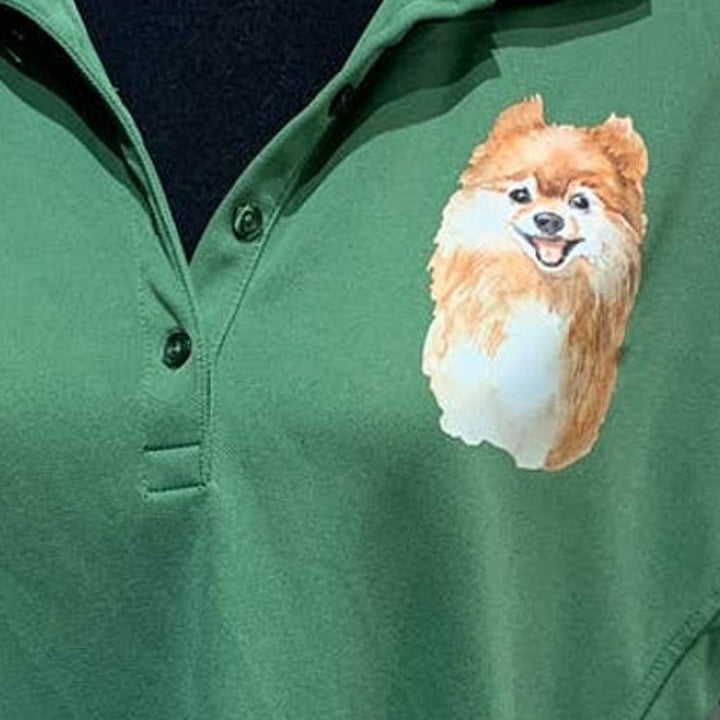 Hand Printed Upcycled Womens Medium Pomeranian Puppy Dog Polyester Polo Shirt