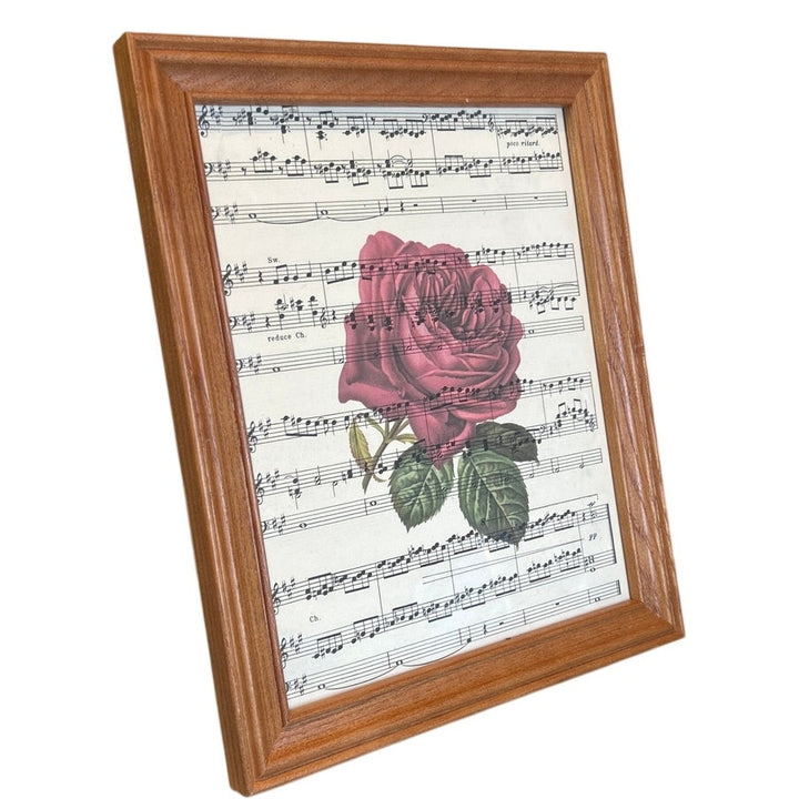 Handmade Upcycled Vintage Sheet Music Pink Rose Flower Wood Framed Wall Art