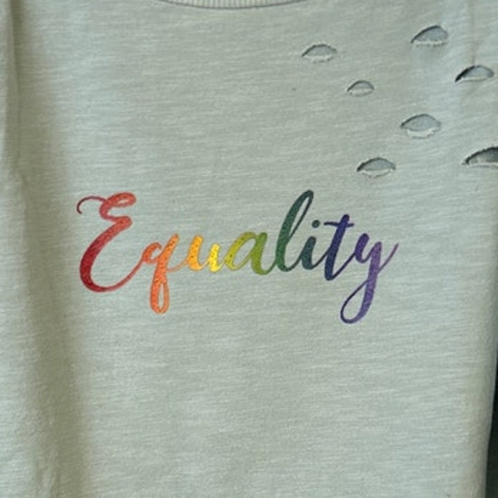 Upcycled Hand Printed Womens Large Rainbow Equality Distressed Sweatshirt