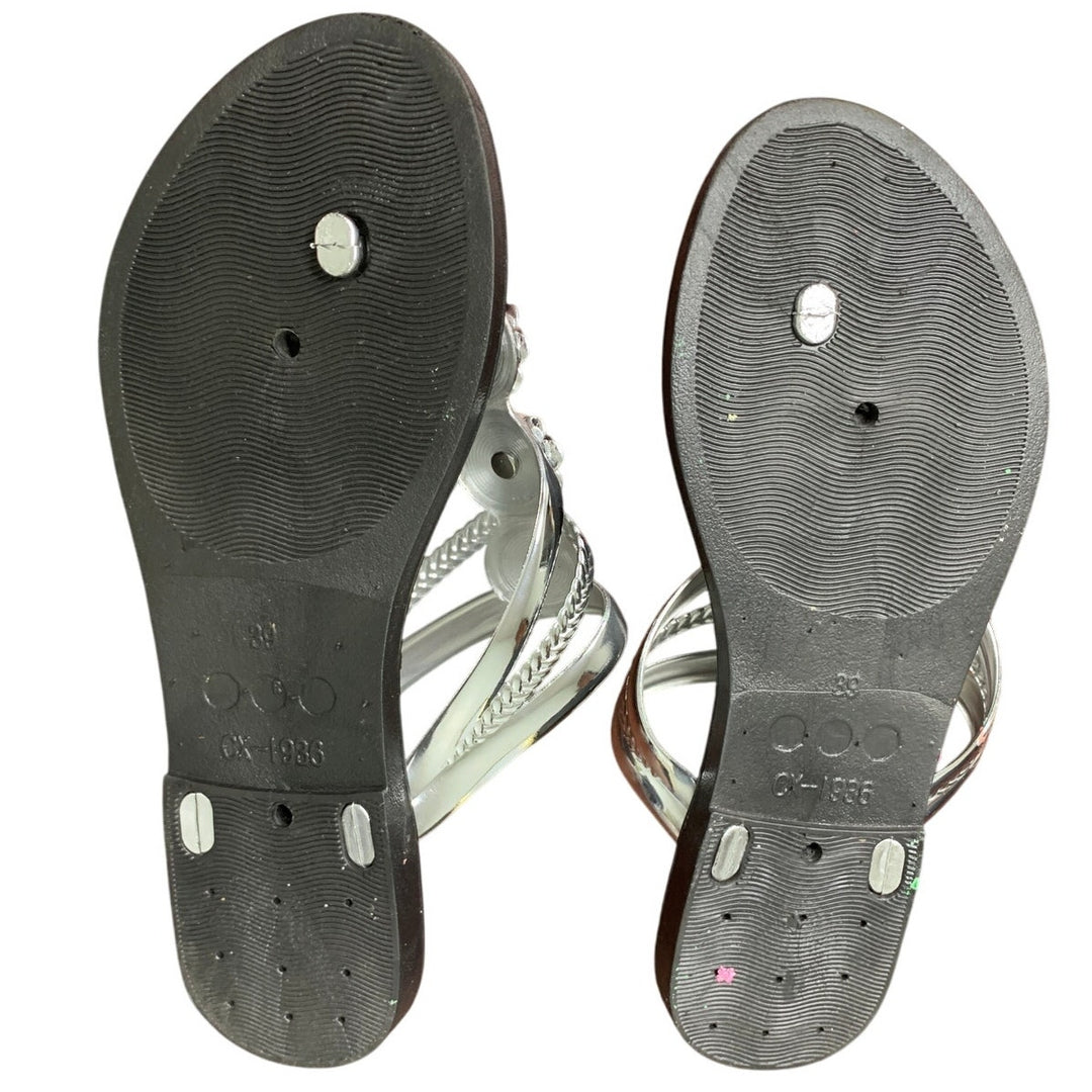 Fashion Womens 7.5 Silver Rhinestone Thong Flat Flip Flop Slip On Sandal Shoes