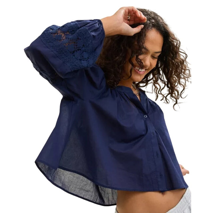 New Aerie Womens Small Navy Blue Long Sleeve Flowy Crochet Button Down Shirt