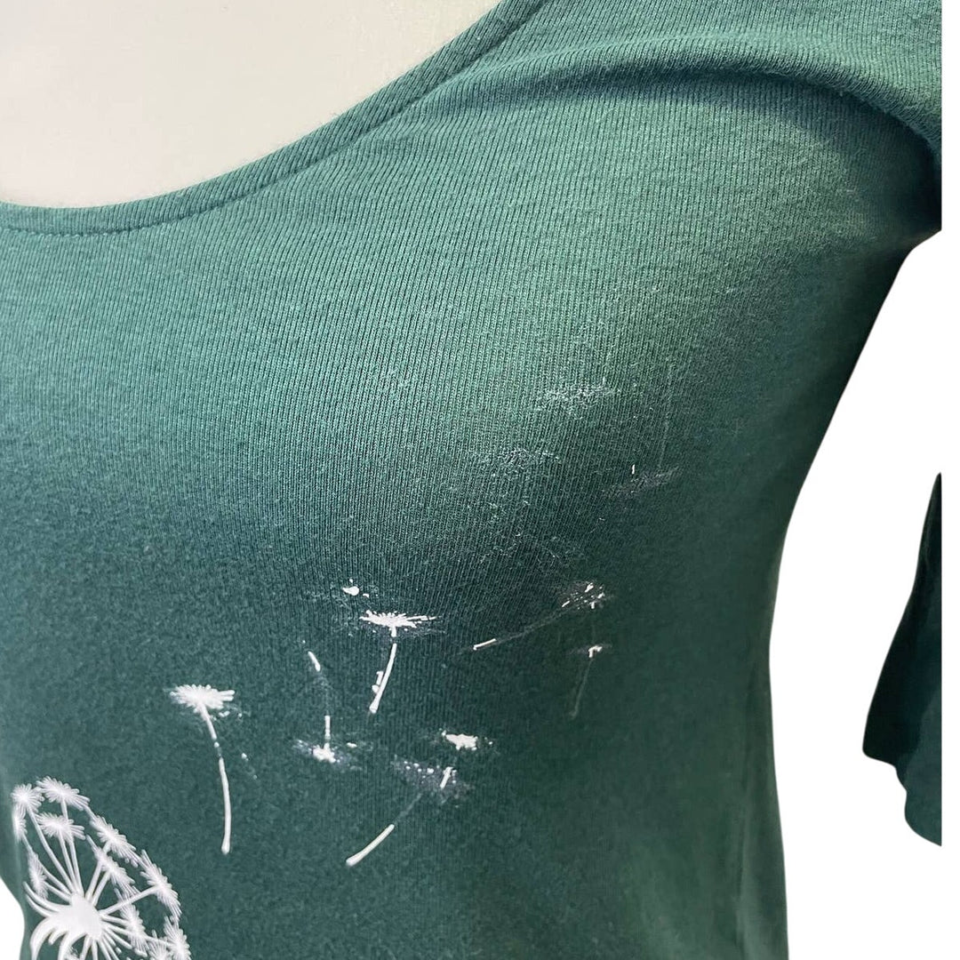 Hand Printed Upcycled Womens Small Dandelion Deep Scoop Neck Tee Shirt