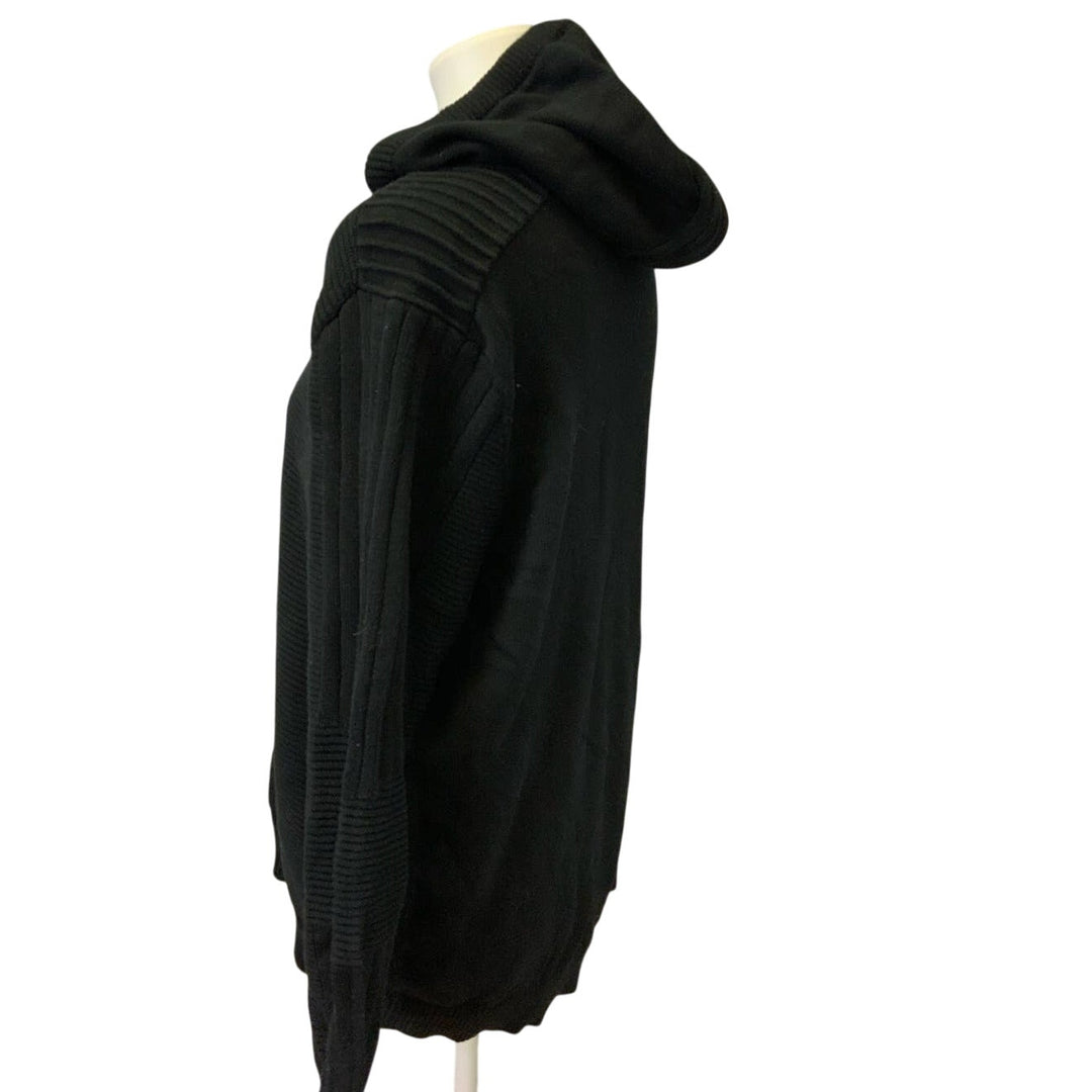 INC Mens Large 100% Cotton Long Sleeve Black Hooded Ribbed Sweater Hoodie