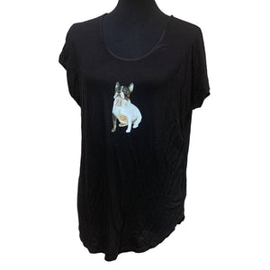 Hand Printed Upcycled Womens Large Boston Terrier Puppy Dog Short Sleeve Tee