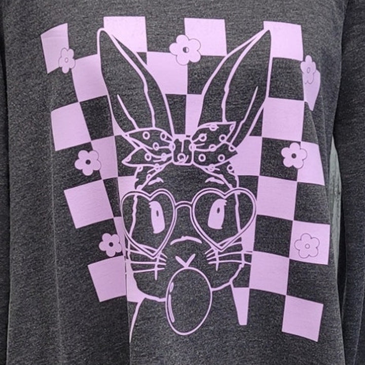 Hand Printed Upcycled Womens Large Easter Bunny Blowing Bubble Long Tee Shirt