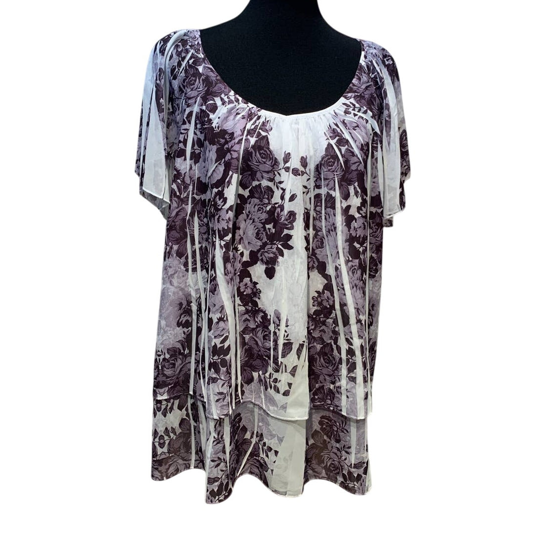 Sami &amp; Jo 2X Black White Floral Flowy Layered Hi Low Short Sleeve Blouse Top