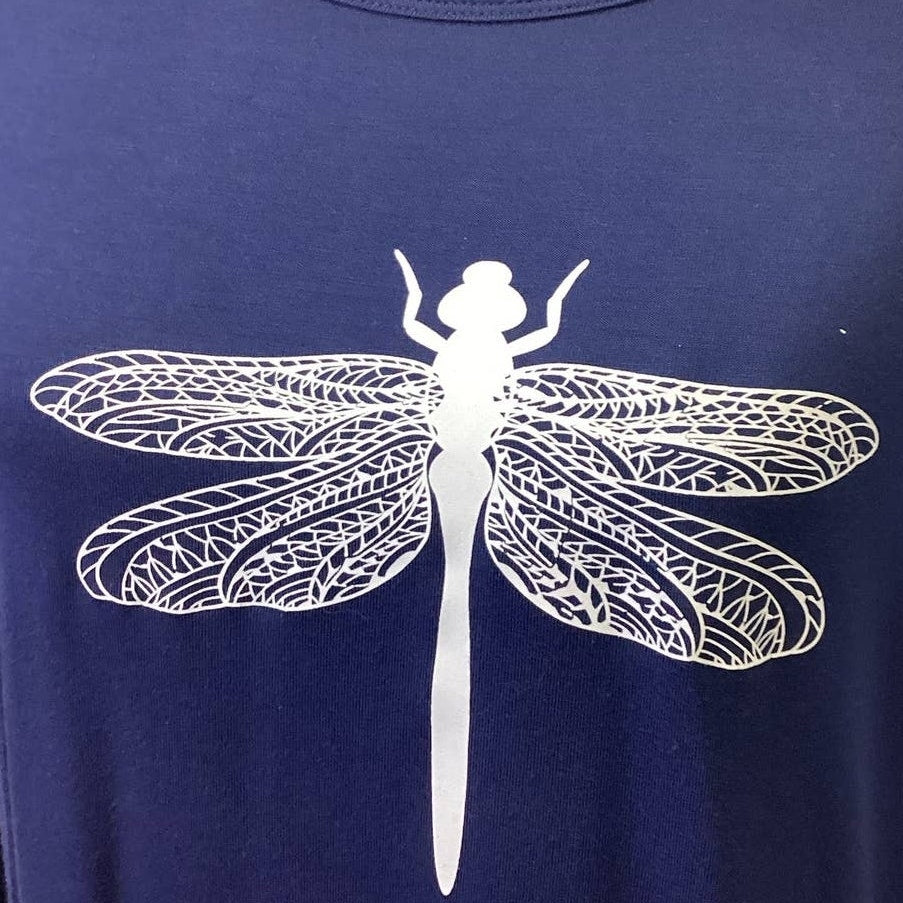Hand Printed Upcycled Small Dragonfly Modal Blend Long Lacy Sleeve Tee Shirt