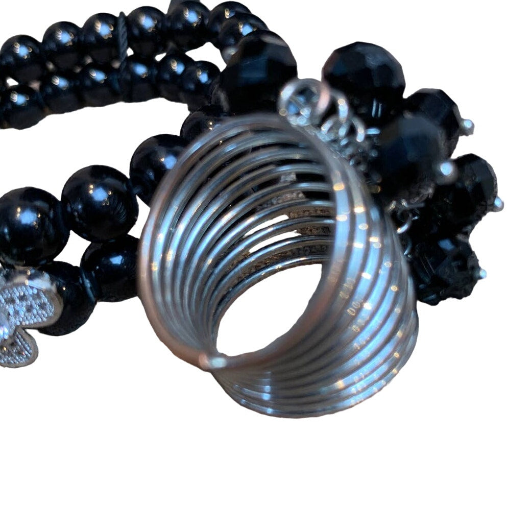 New Black Beaded Bracelet w Rhinestone Clip &amp; Bonus Silver Knuckle Ring