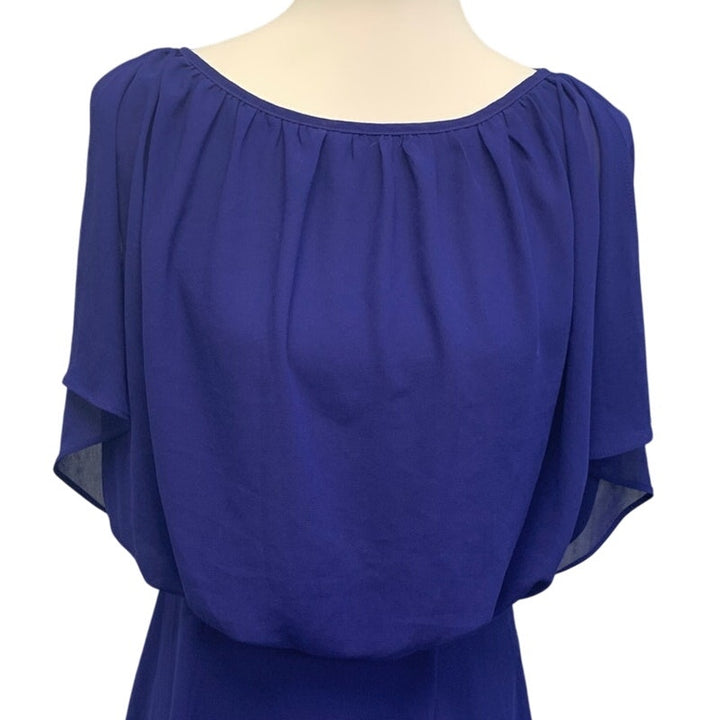 JustFab Womens Large Gathered Waist Sheer Polyester Cap Sleeve Knee Length Dress