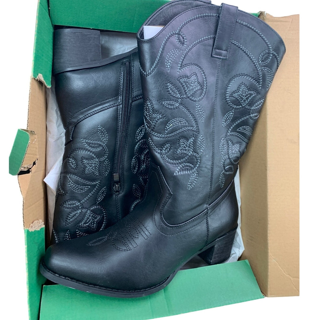 IUV Womens Size 8 Black 2" Block Heel Classic Embroidered Western Cowboy Boots