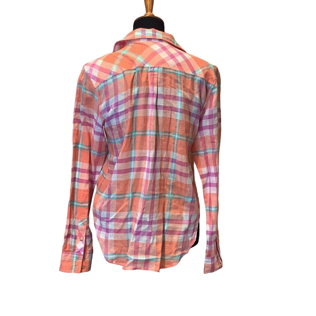 AEO Womens Small Orange Plaid Button Down 100% Cotton Button Down Shirt