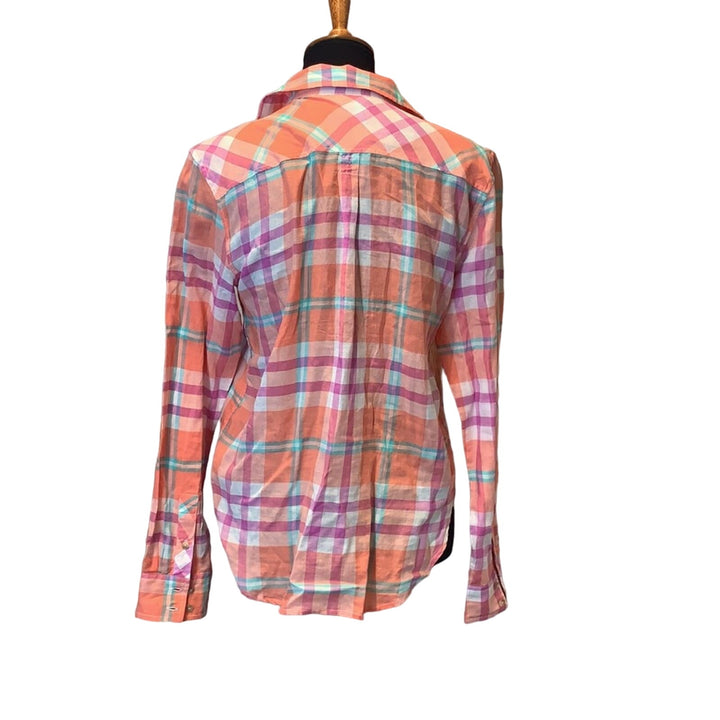 AEO Womens Small Orange Plaid Button Down 100% Cotton Button Down Shirt