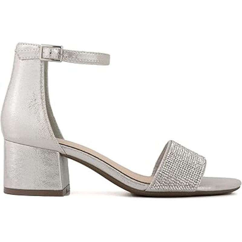 New London Fog Womens 6.5 Silver Blingy Nikki 2" Heel Open Toe Ankle Strap Shoes