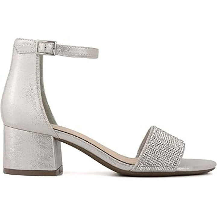 New London Fog Womens 6.5 Silver Blingy Nikki 2" Heel Open Toe Ankle Strap Shoes