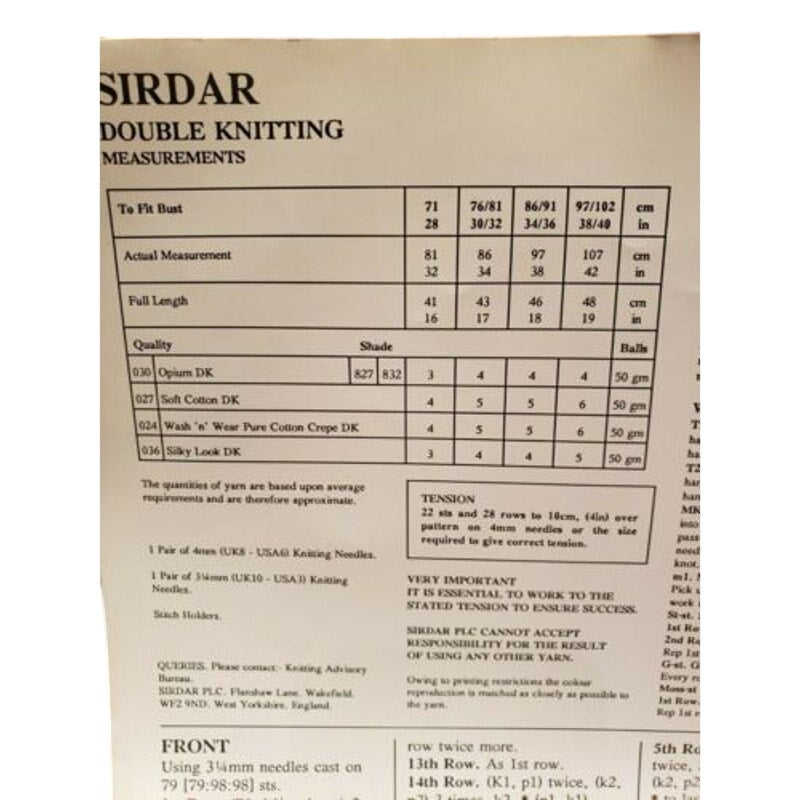 New Sirdar 5177 Opium Sleeveless Tank Top Sweater Double Knitting Pattern