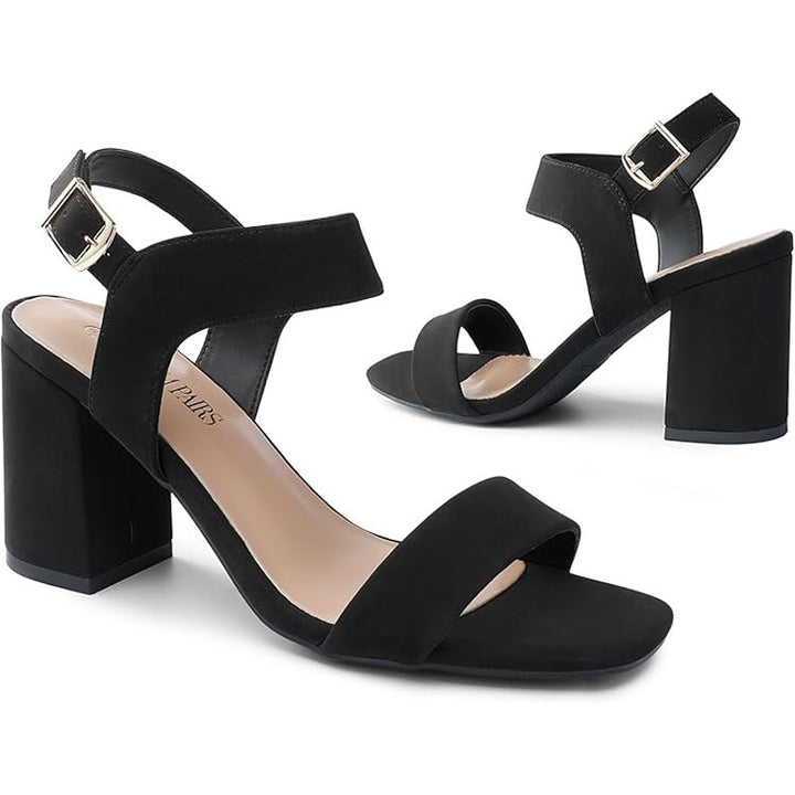 Dream Pairs Womens Size 8 Black Faux Suede 3.5" Block Heel Ankle Strap Shoes