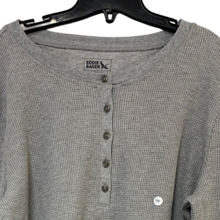 New Eddie Bauer Womens TXL XL Tall Heathered Gray Long Slv Waffled Henley Shirt