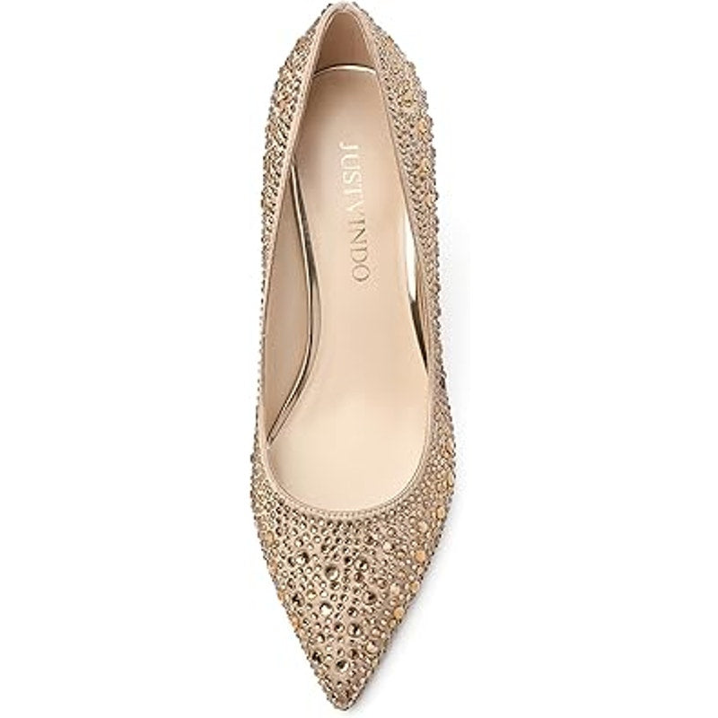Justvindo Womens Size 8.5 Gold Satin Rhinestone 2.5" Heel Closed Point Toe Shoes