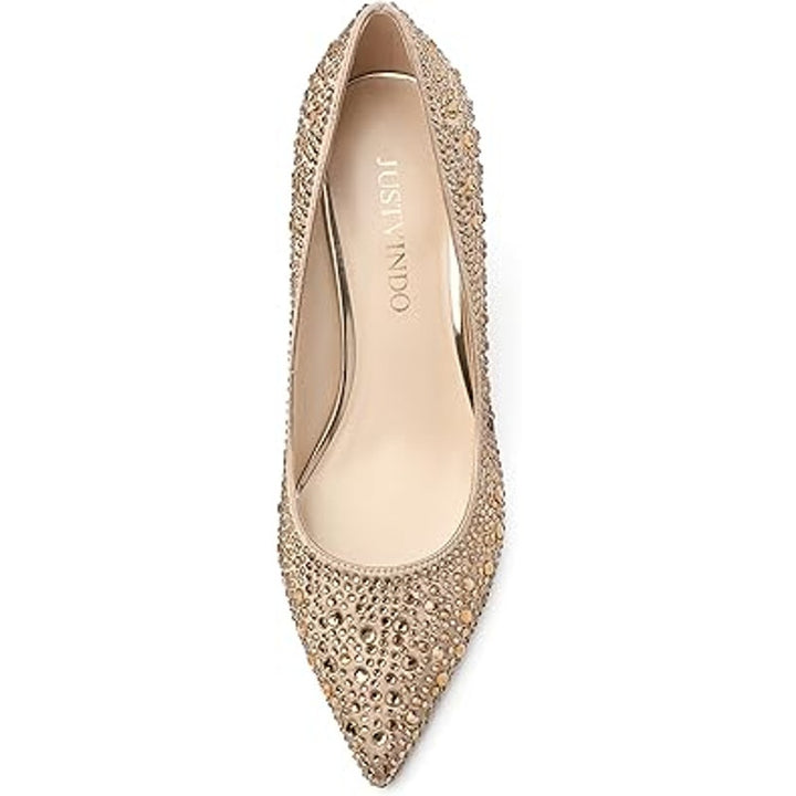 Justvindo Womens Size 8.5 Gold Satin Rhinestone 2.5" Heel Closed Point Toe Shoes