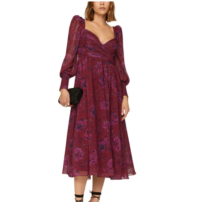 Badgley Mischka Size 6 Pink Purple Floral Flowy Open Back Long Sleeve Midi Dress