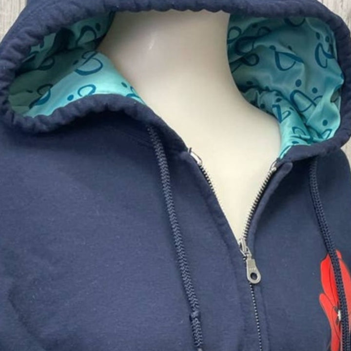 Hand Printed Upcycled Navy XL Red Poppy Flower Full Zip Hoodie Sweatshirt Jacket
