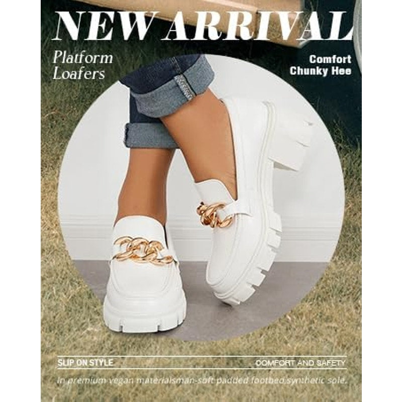 New Tinstree Womens 8 White Faux Leather Gold Chain 2.5" Platform Loafer Shoes
